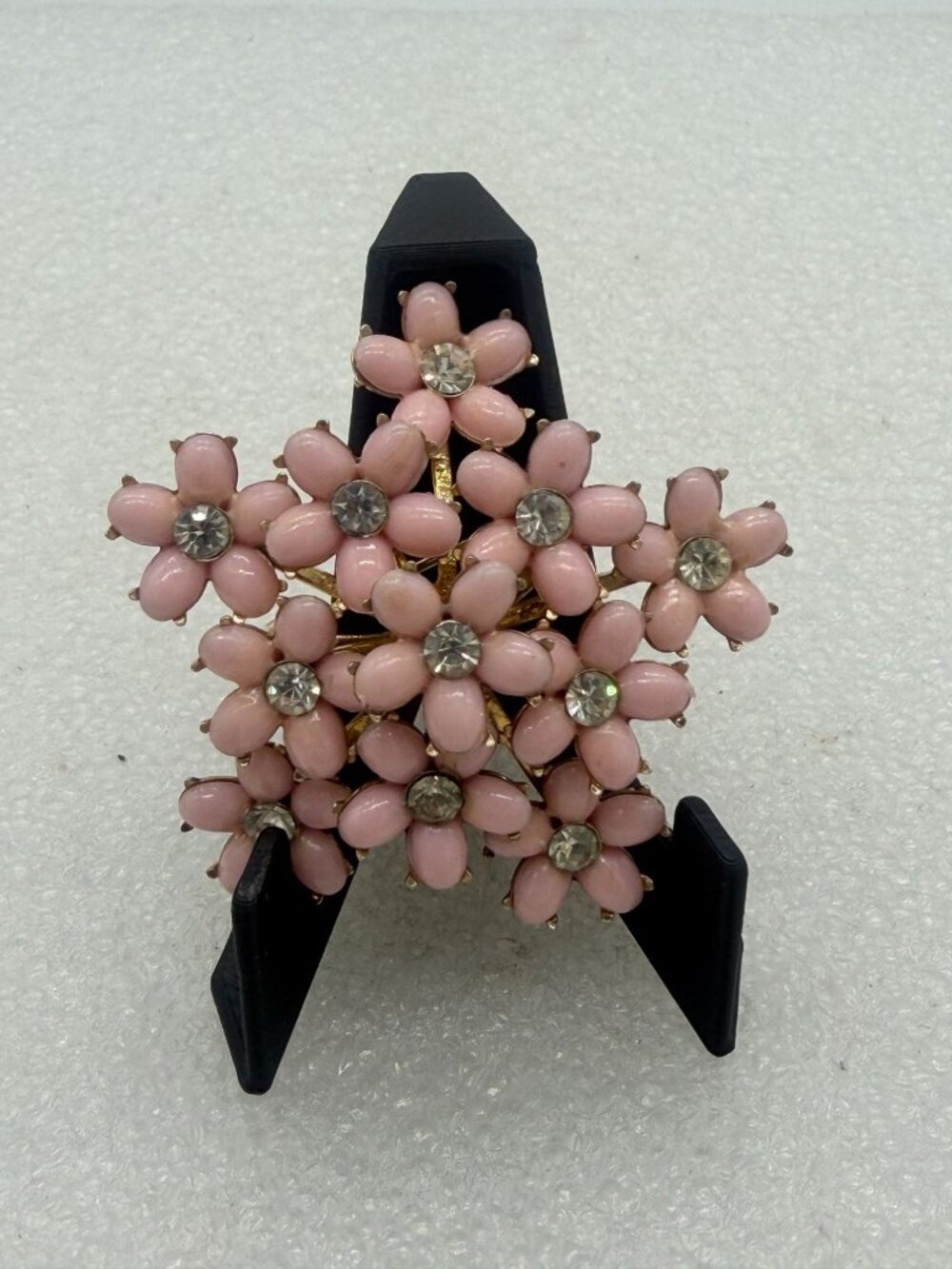 Vintage Pink Floral Cluster Brooch with Rhinestones